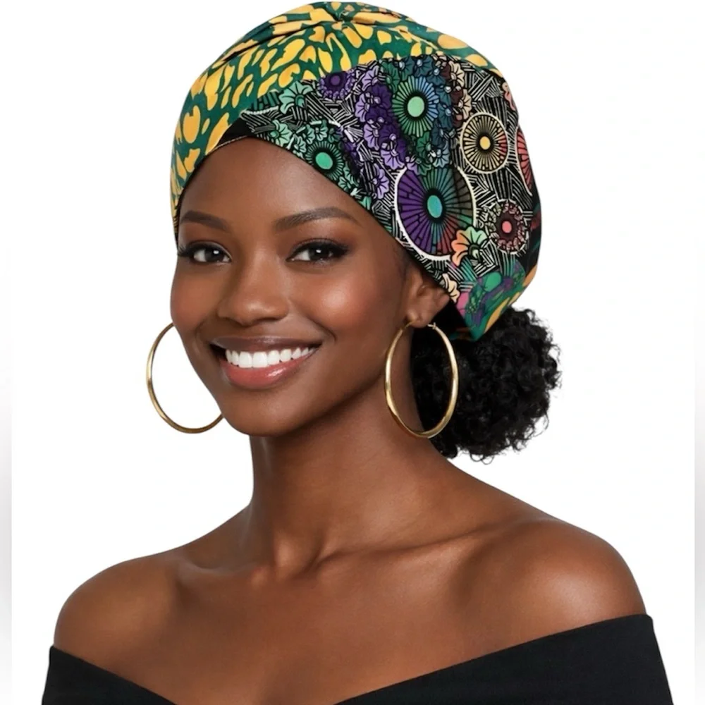 African Print Colorful Hunter Green Gold Yellow Blue Black Patterned Headwrap